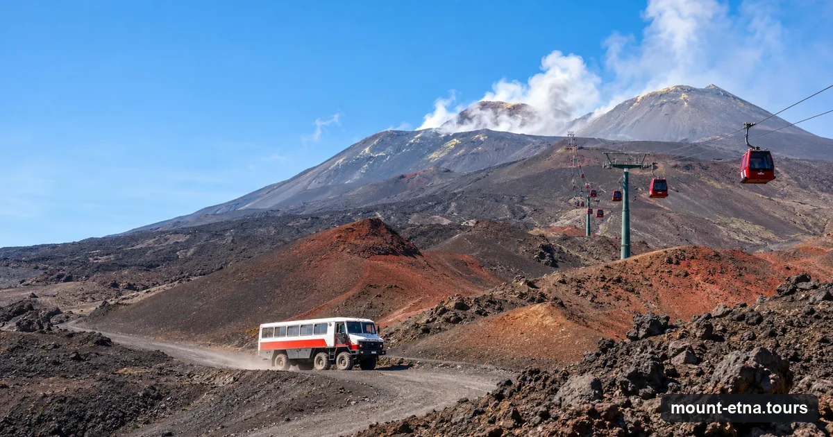 Etna's cable car over lava slopes with a 4x4 bus on the track below