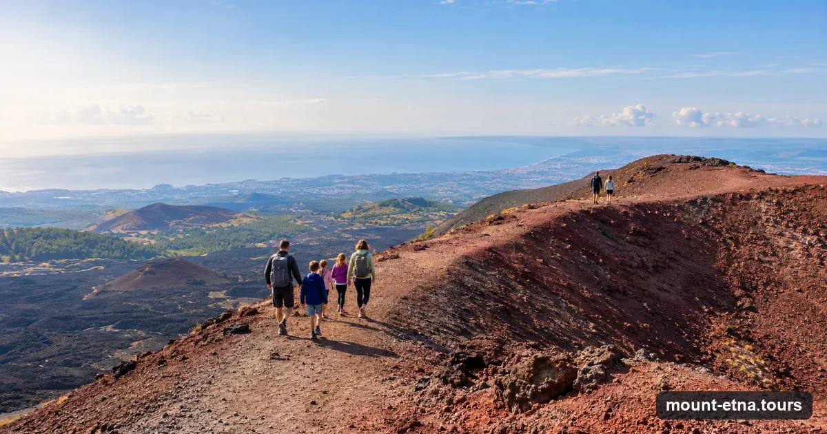 A family walking the rim of a red cinder cone on Etna's south side, the coast below
