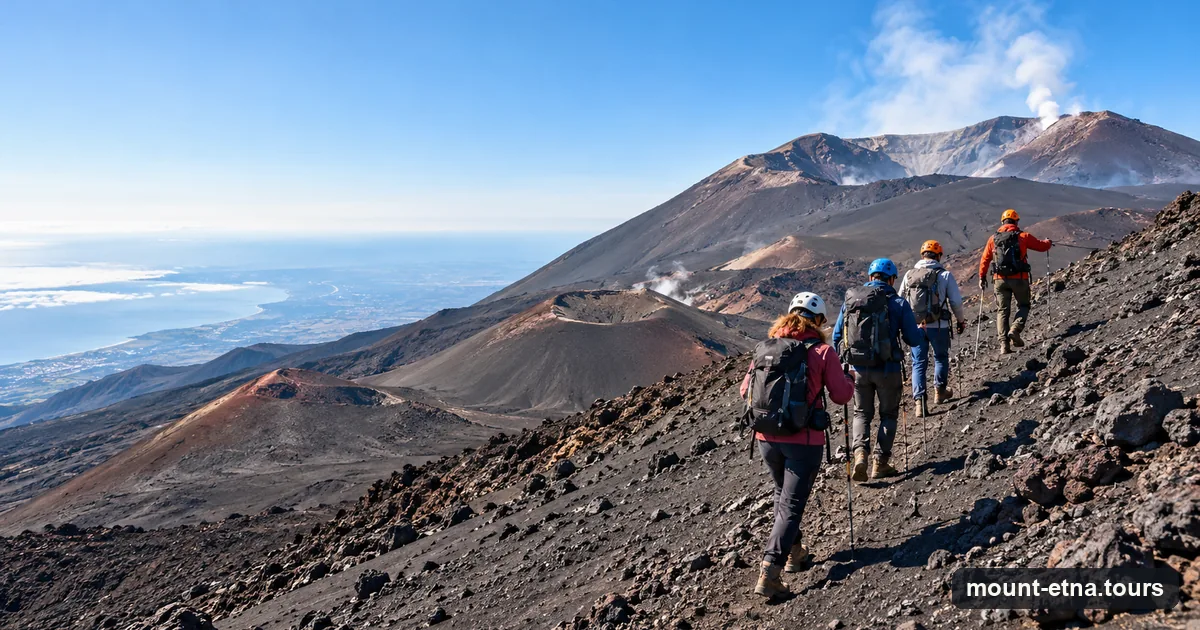 A guided group hiking up black volcanic sand towards Etna's summit craters