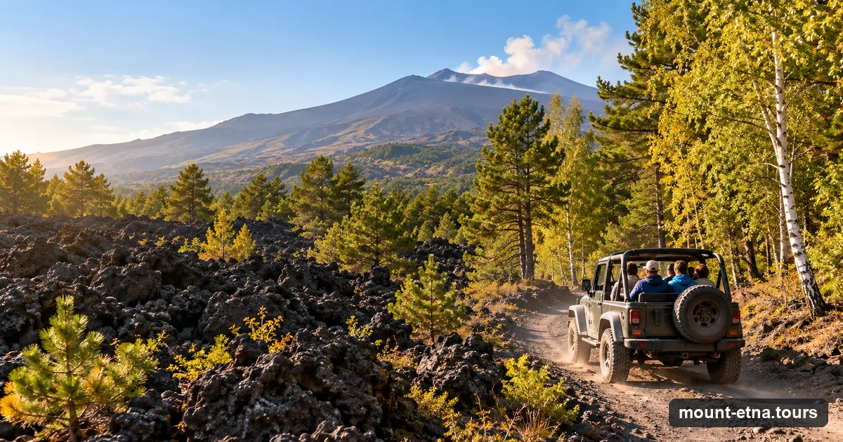 A 4x4 jeep on a forest track beside an old lava flow on Etna's lower slopes