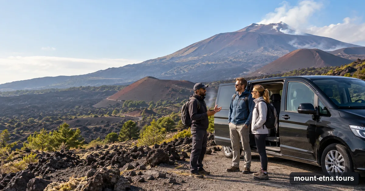 A guide talking with two travellers beside a private van on a road across Etna's lava fields