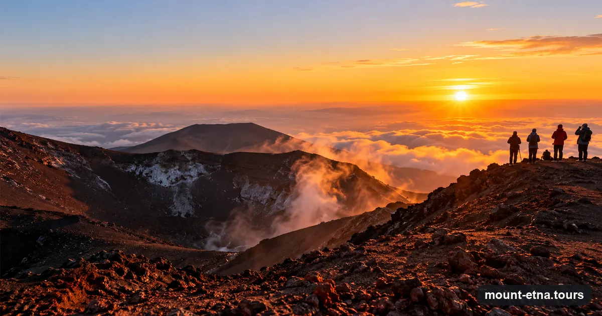 People on a crater rim on Mount Etna watching the sun set over a sea of clouds