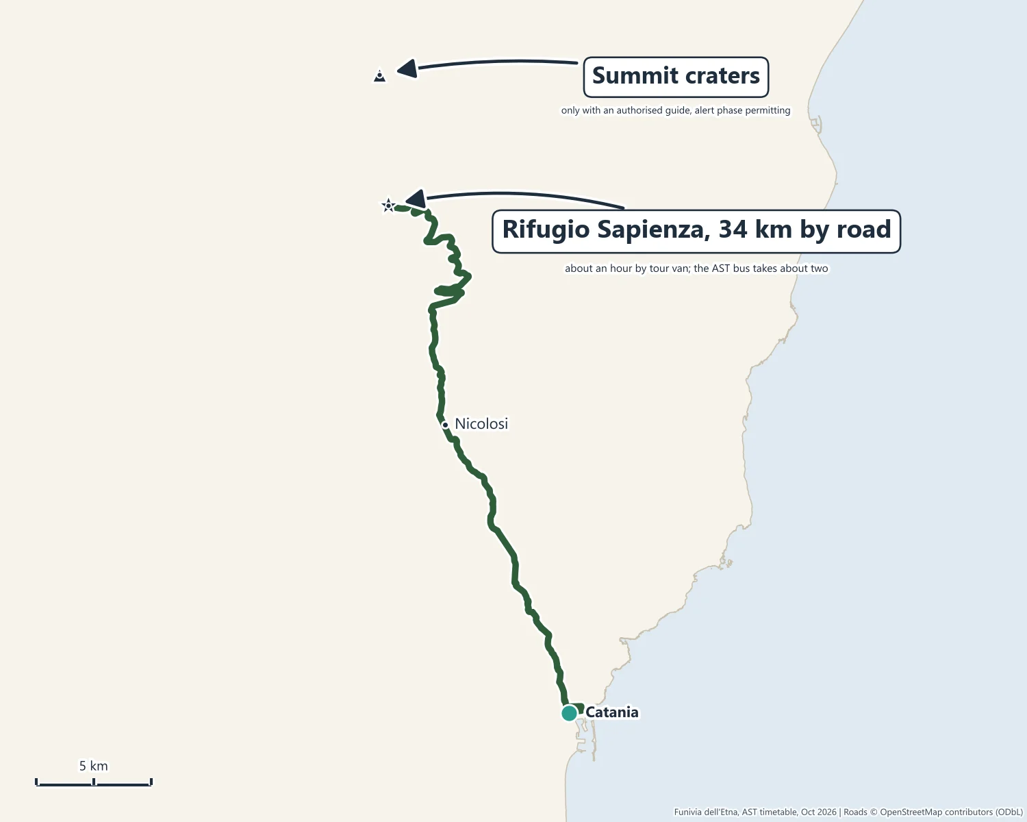 Map of the road from Catania through Nicolosi to Rifugio Sapienza on Etna's south side, 34 km