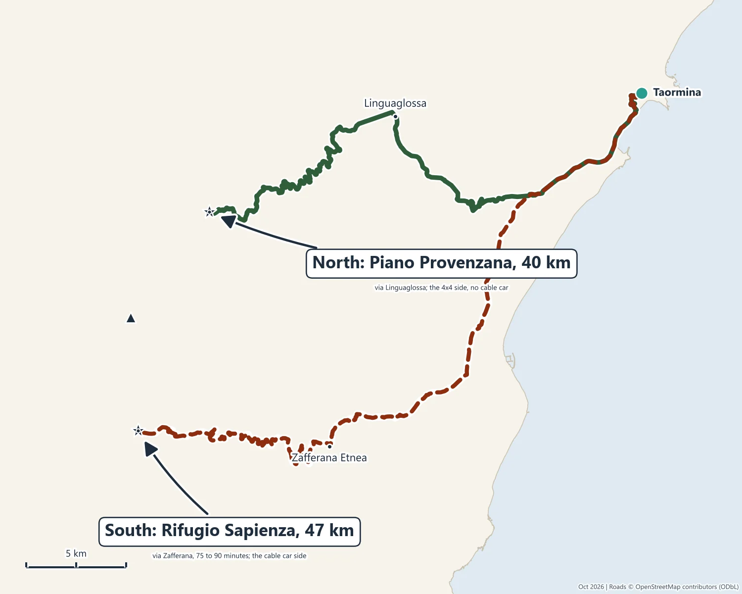 Map of the two roads from Taormina to Etna: north via Linguaglossa to Piano Provenzana, 40 km, and south via Zafferana to Rifugio Sapienza, 47 km