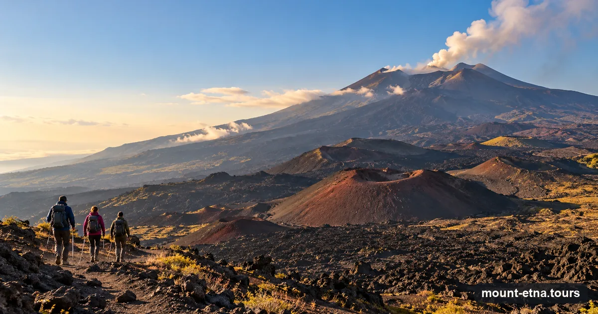 Hikers on a trail across black lava fields and red cinder cones below Mount Etna's smoking summit