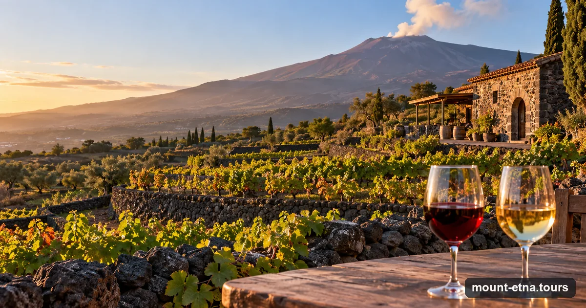 Vineyards on black volcanic soil below Mount Etna with two glasses of wine on a table